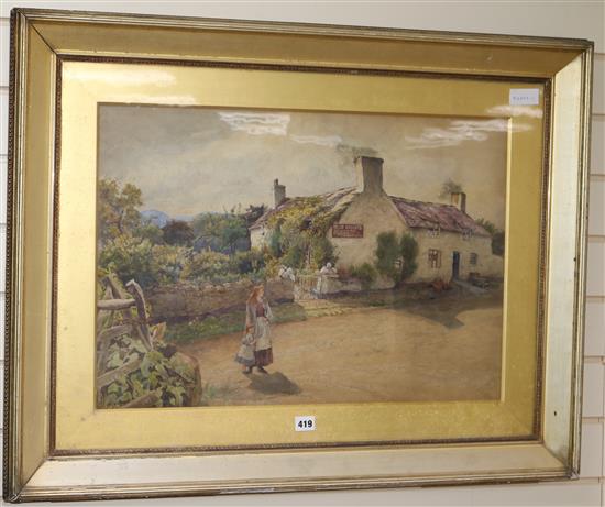 W J Coran, watercolour, Mother and child beside a tavern, signed and dated 1891 45 x 64cm